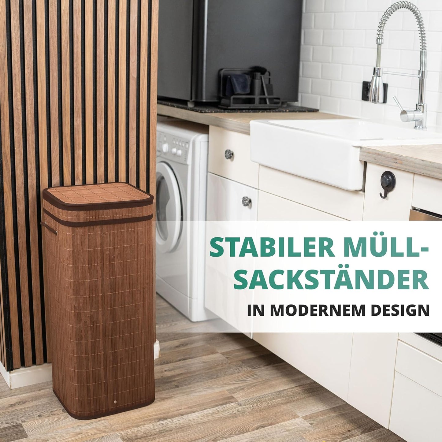 Müllsack-Ständer mit Innentasche, Bambus / Kaffee