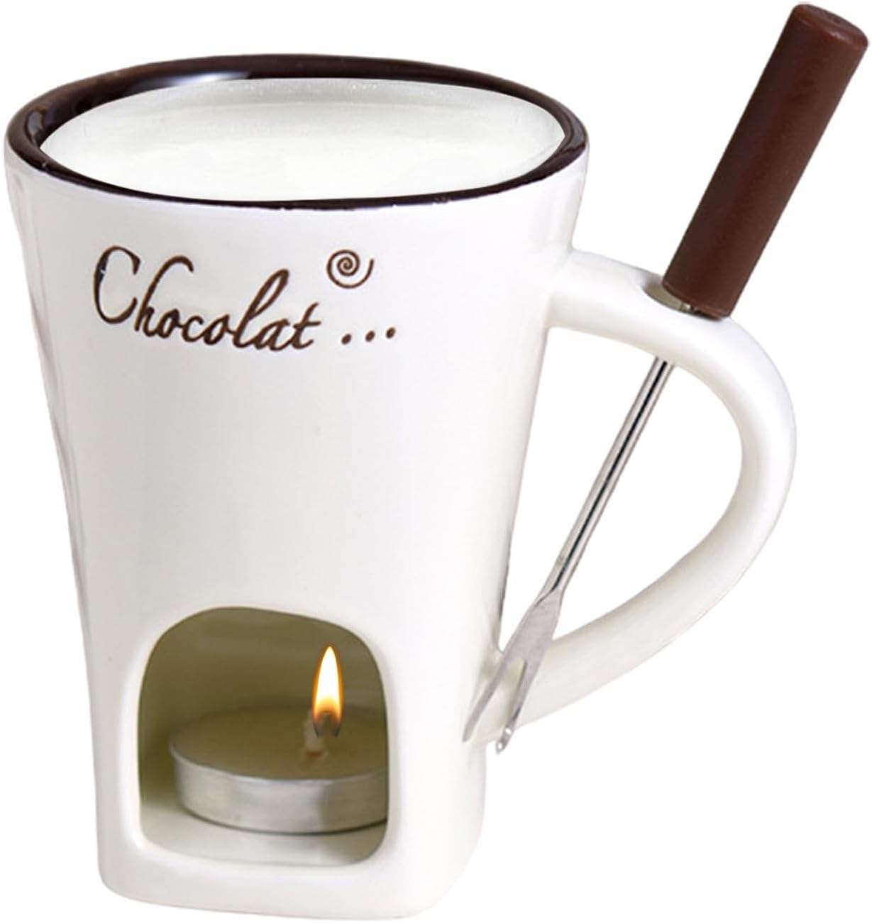 Schokofondue Tasse mit Gabel und Teelicht, Beige