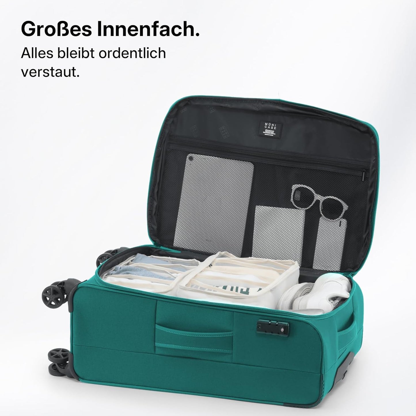 Erweiterbarer Stoffkoffer mit Frontfächern, Türkis Koffer M (55 cm) erweiterbar
