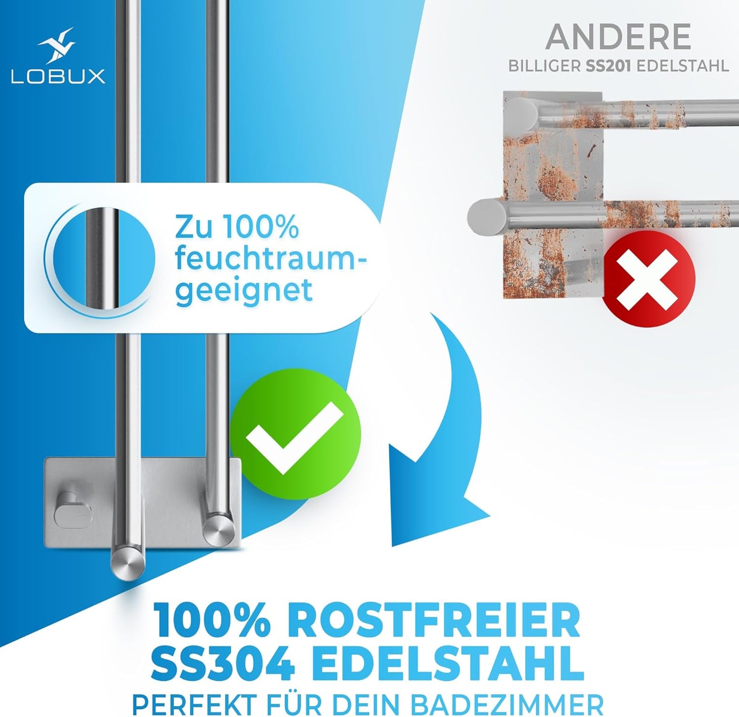 Handtuchhalter doppelt ohne Bohren, selbstklebend 60cm, 60cm Silber