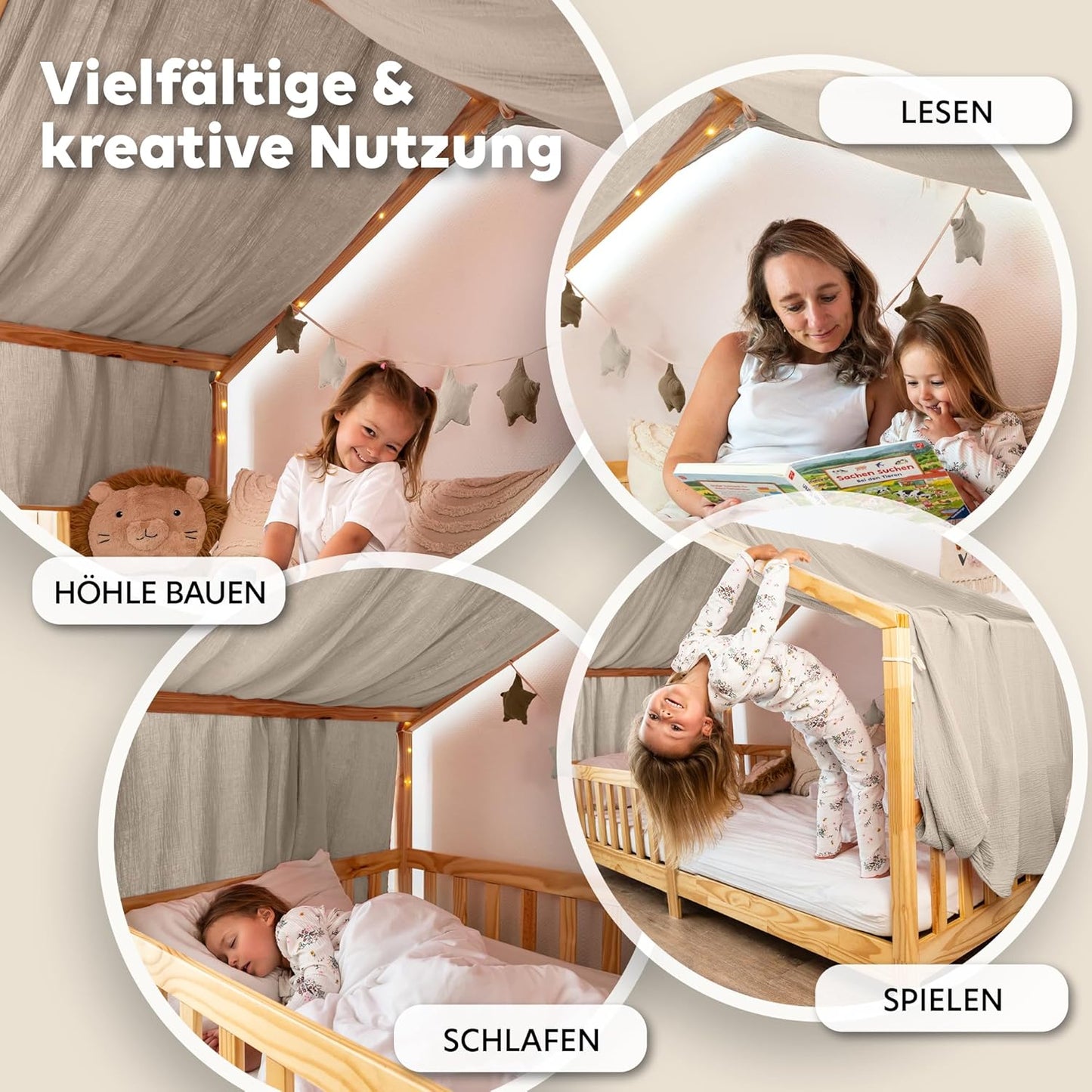 Handgefertigter Baumwoll-Vorhang für Hausbetten, Hellbeige 135 x 360cm ohne Goldapplikation