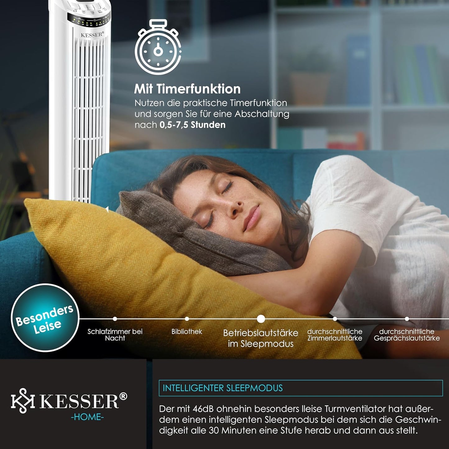 Turmventilator mit Timer und Fernbedienung, Weiss