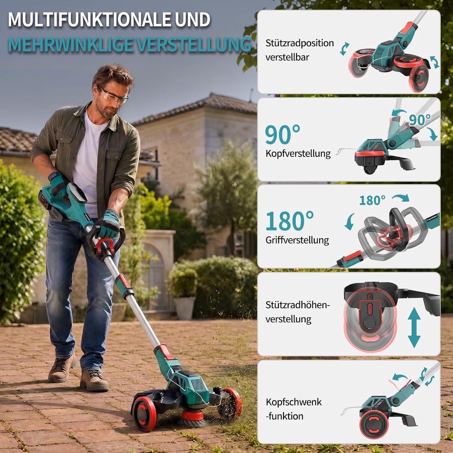5-in-1 Akku-Rasentrimmer mit Unkrautbürste, Rot