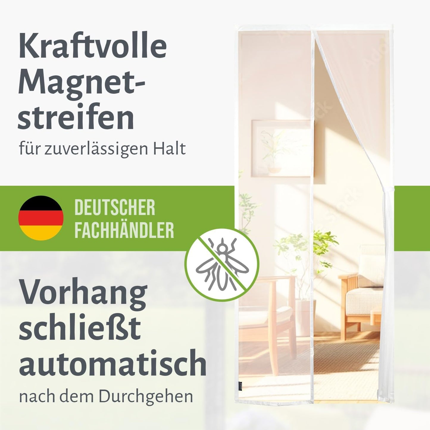 Selbstschliessendes Fliegengitter mit Magnetverschluss, 85 x 210 cm Weiß