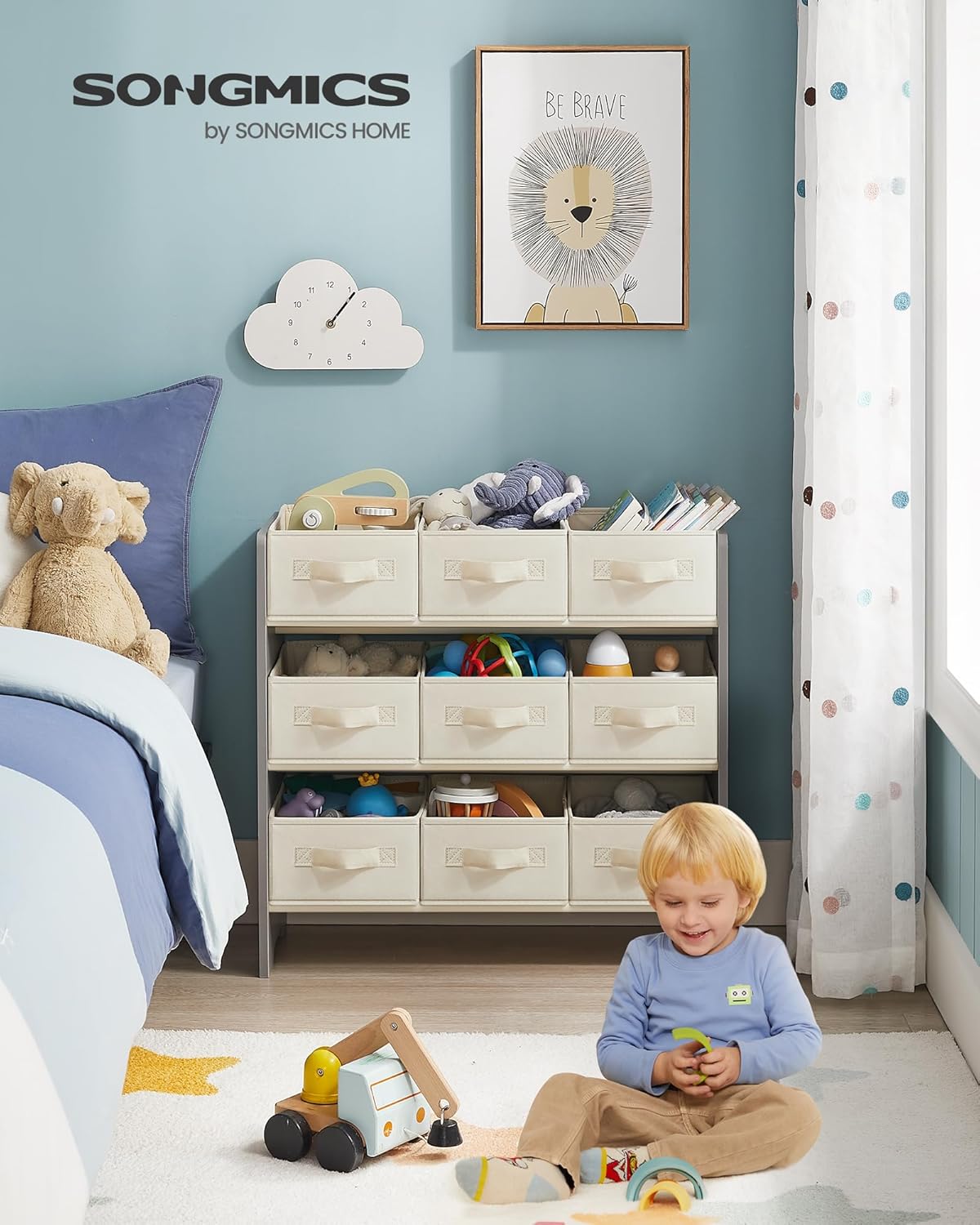 Kinderregal mit 9 Aufbewahrungsboxen, Taubengrau