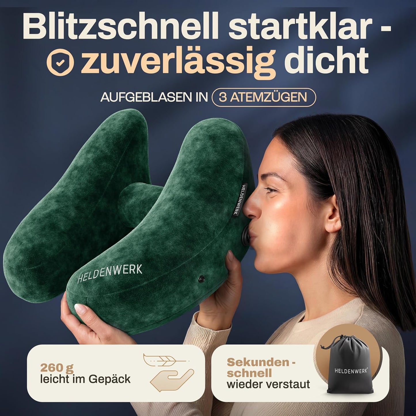 Aufblasbares Nackenkissen mit abnehmbarer Kapuze, Grösse M, Grün Klein - für zierliche Frauen und Teenager