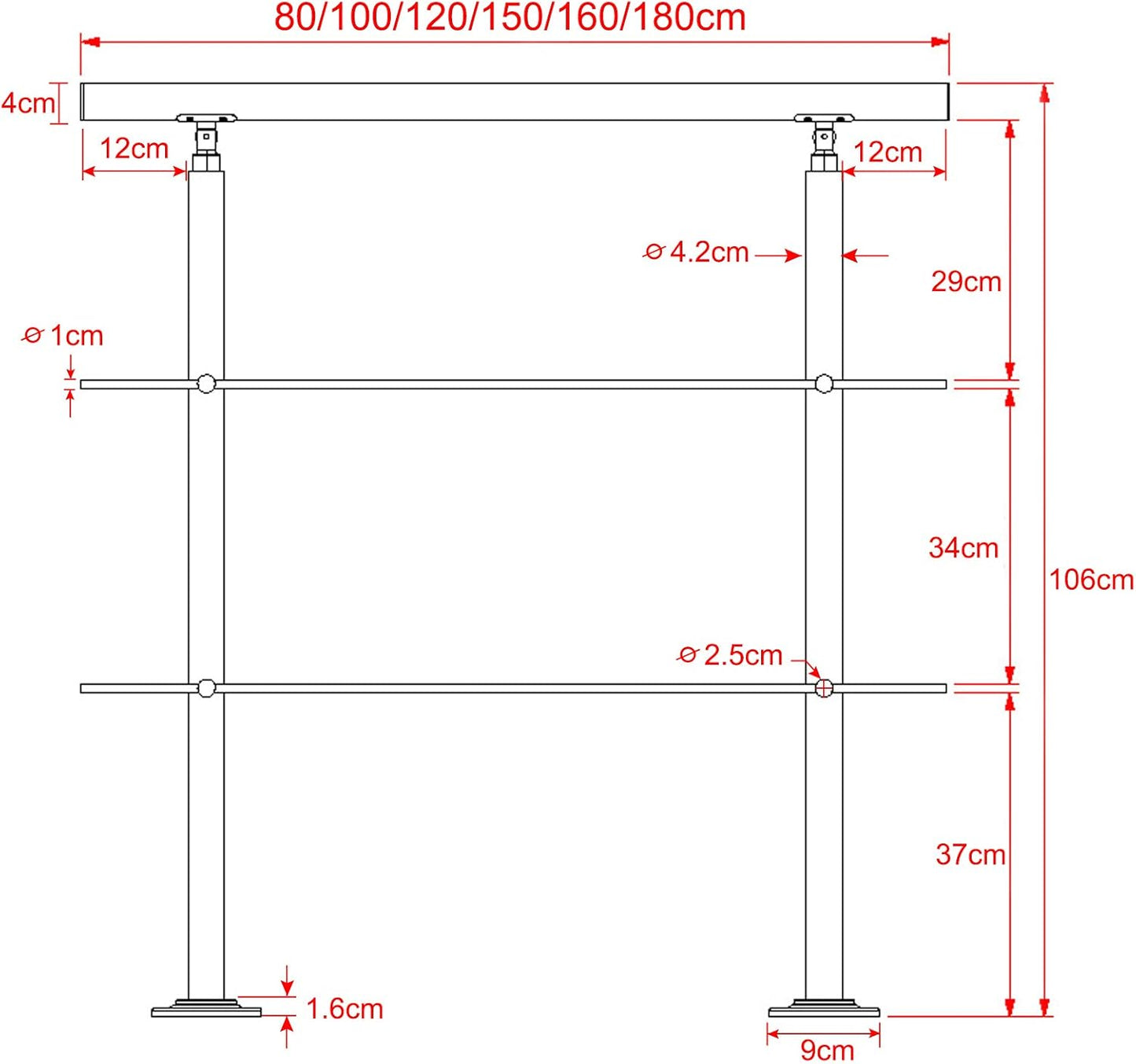 Treppengeländer Bausatz (100cm, 2 Querstreben), 100cm 2 Querstreben