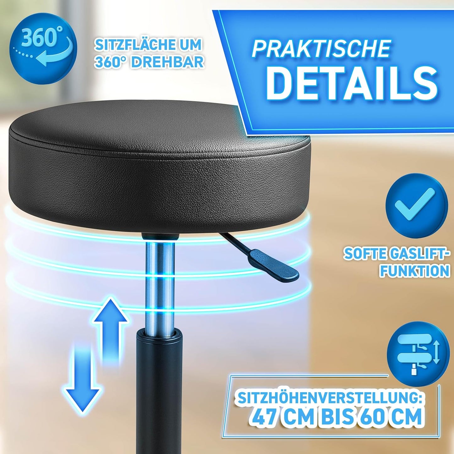 Höhenverstellbarer Rollhocker, Schwarz Matt