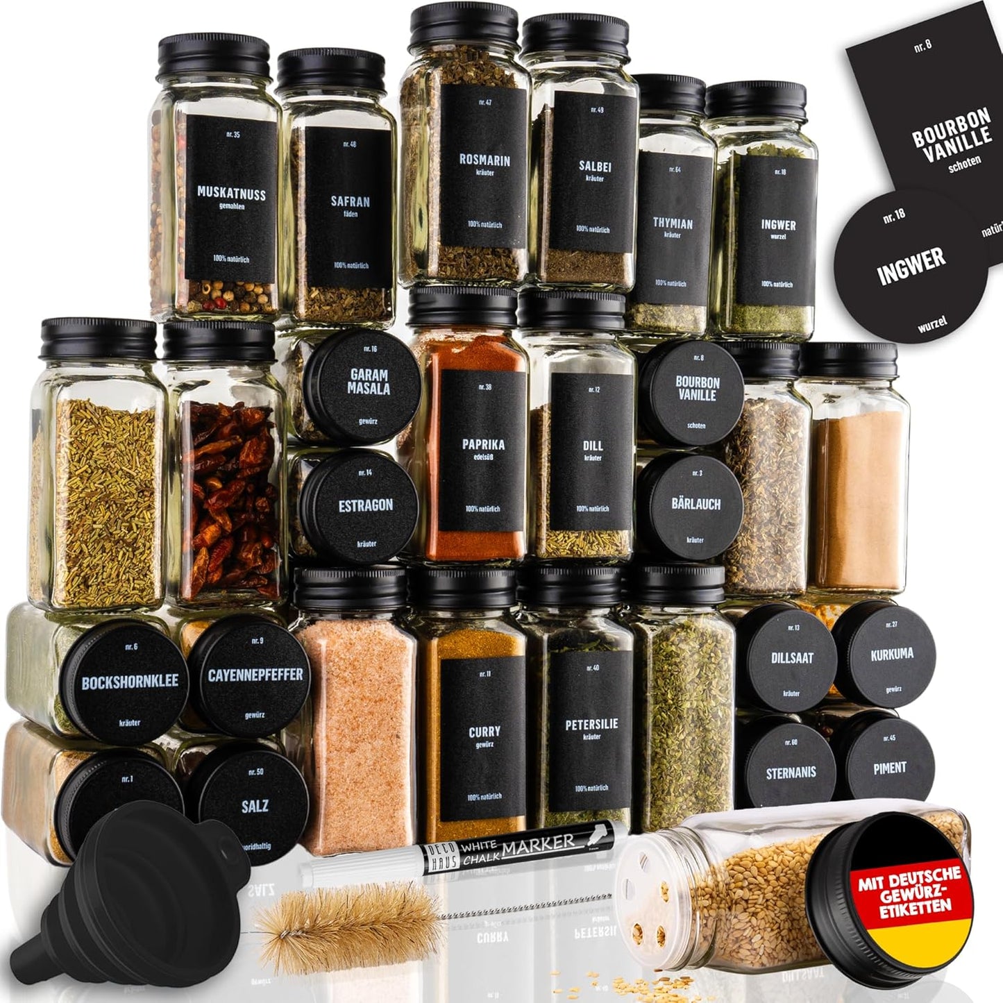 Gewürzgläser-Set mit Schraubkappe, 24 Stk., Deckel Alu, Schwarz