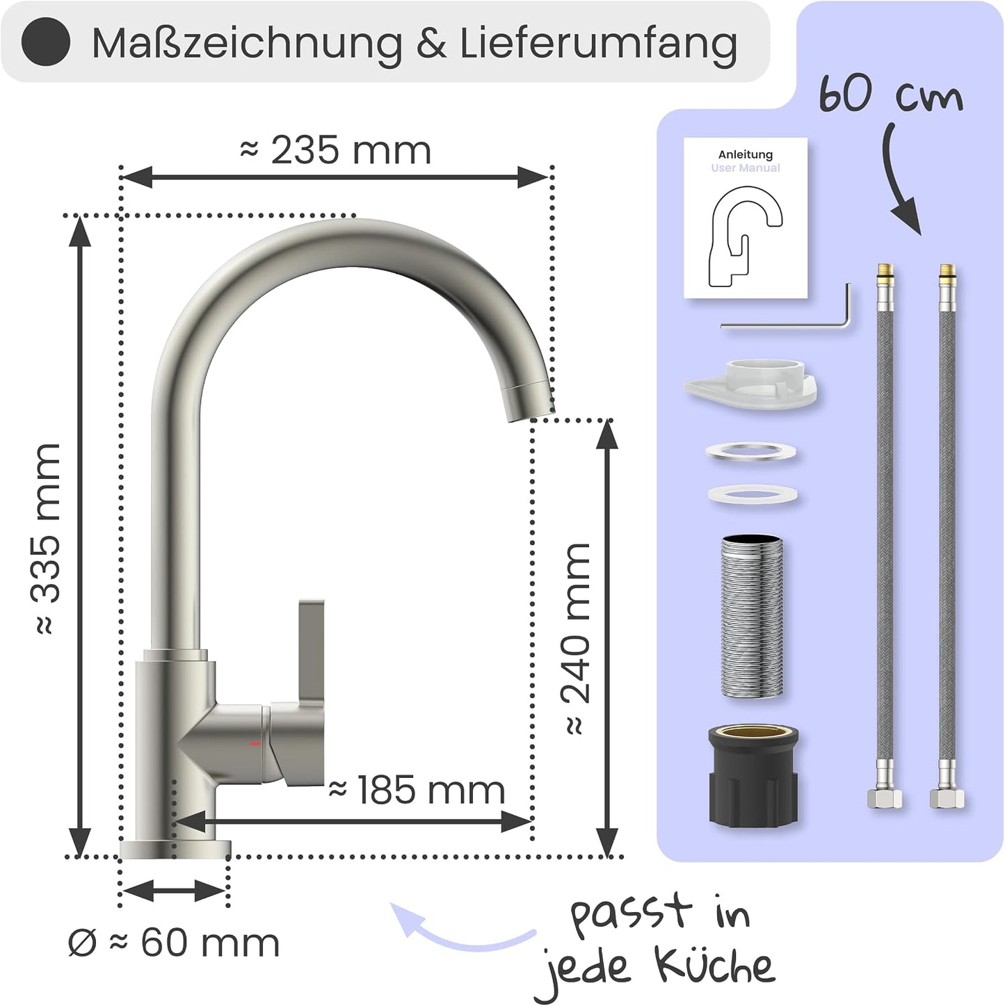 Leona Küchenarmatur 360° schwenkbar Edelstahl, Edelstahl-optik