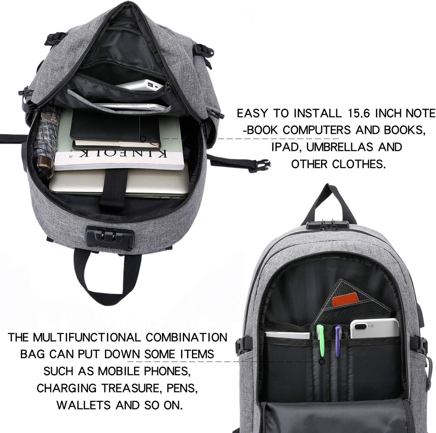 Laptop-Rucksack mit USB-Anschluss, Anti-Diebstahl-Schutz, 15,6 Zoll Grau