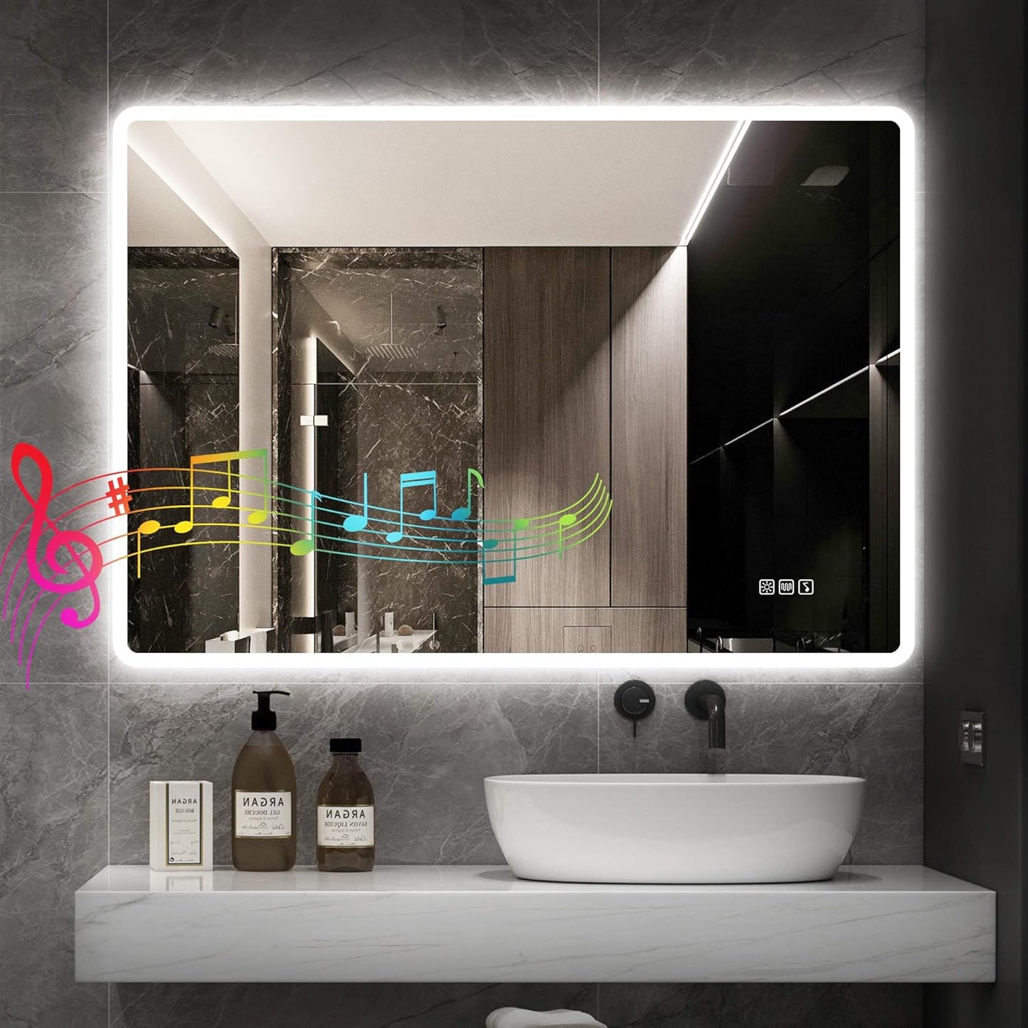 Badezimmerspiegel mit LED-Beleuchtung und Bluetooth, 60 x 80 cm M3017 Madrid Silber (Bluetooth)