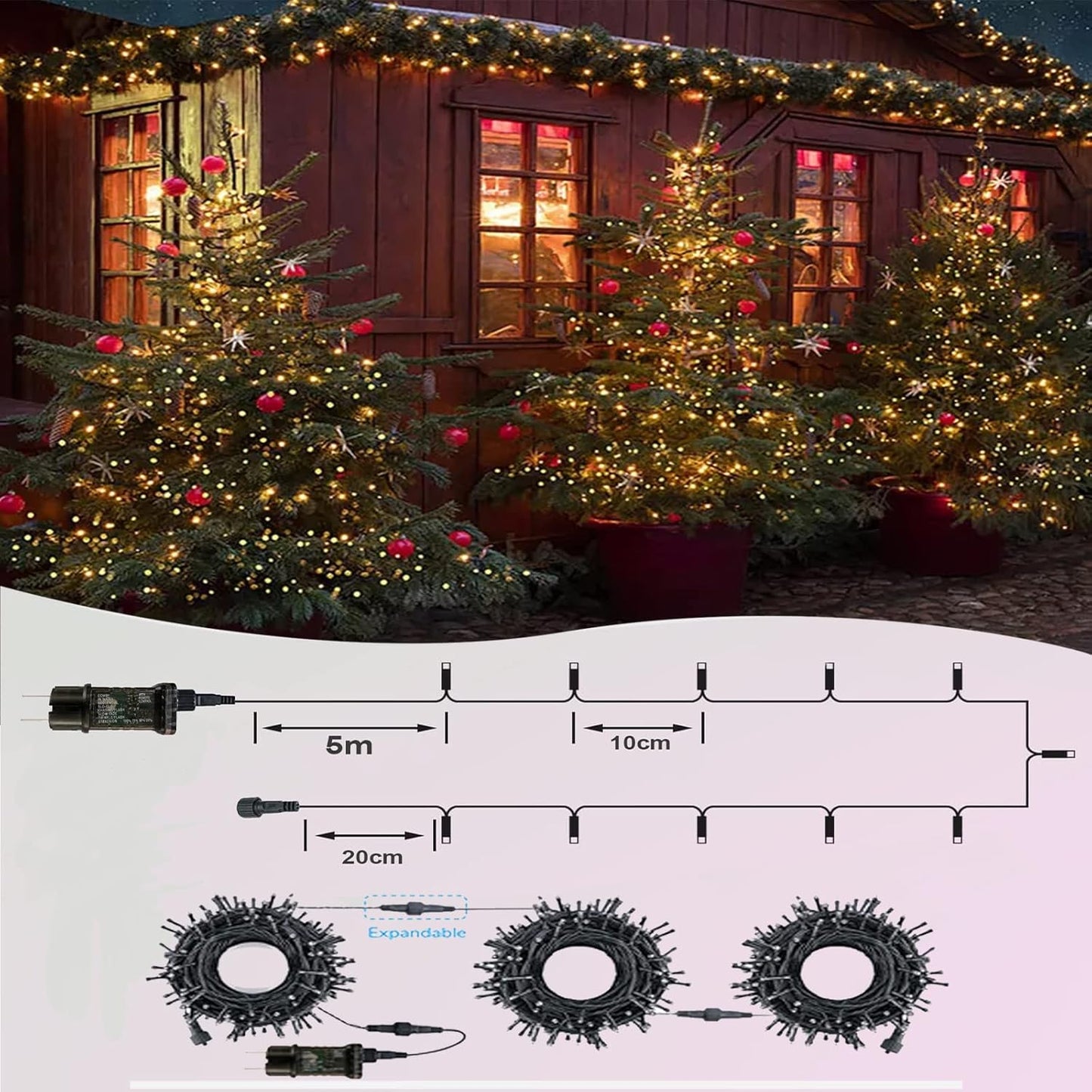LED-Lichterkette (30M, 300 LEDs, 8 Modi) mit Timer, 30M Warmweiss