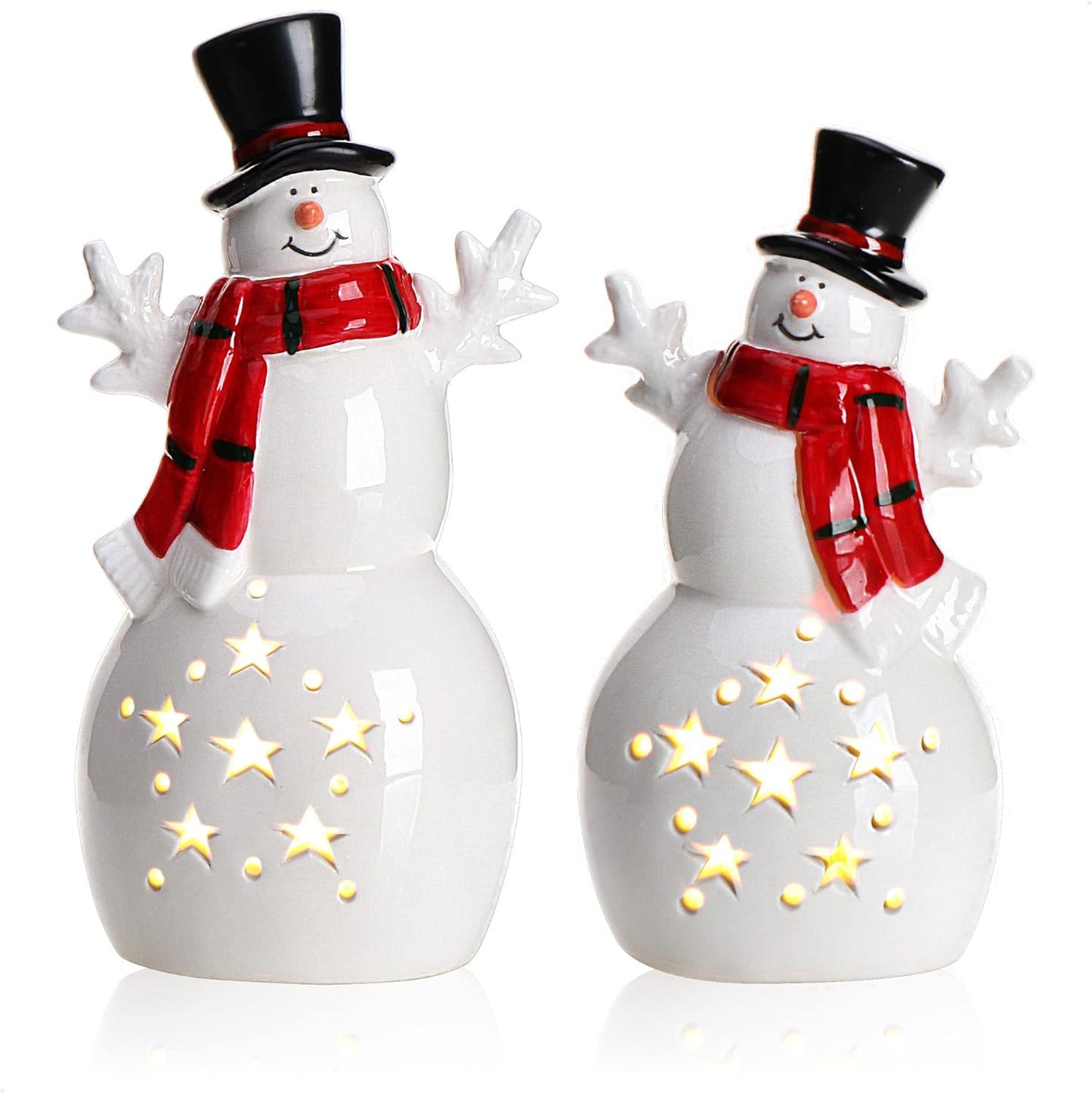 2er-Set LED-Schneemann-Leuchtfiguren, 02 Stück - Keramik Schneemann - Timer