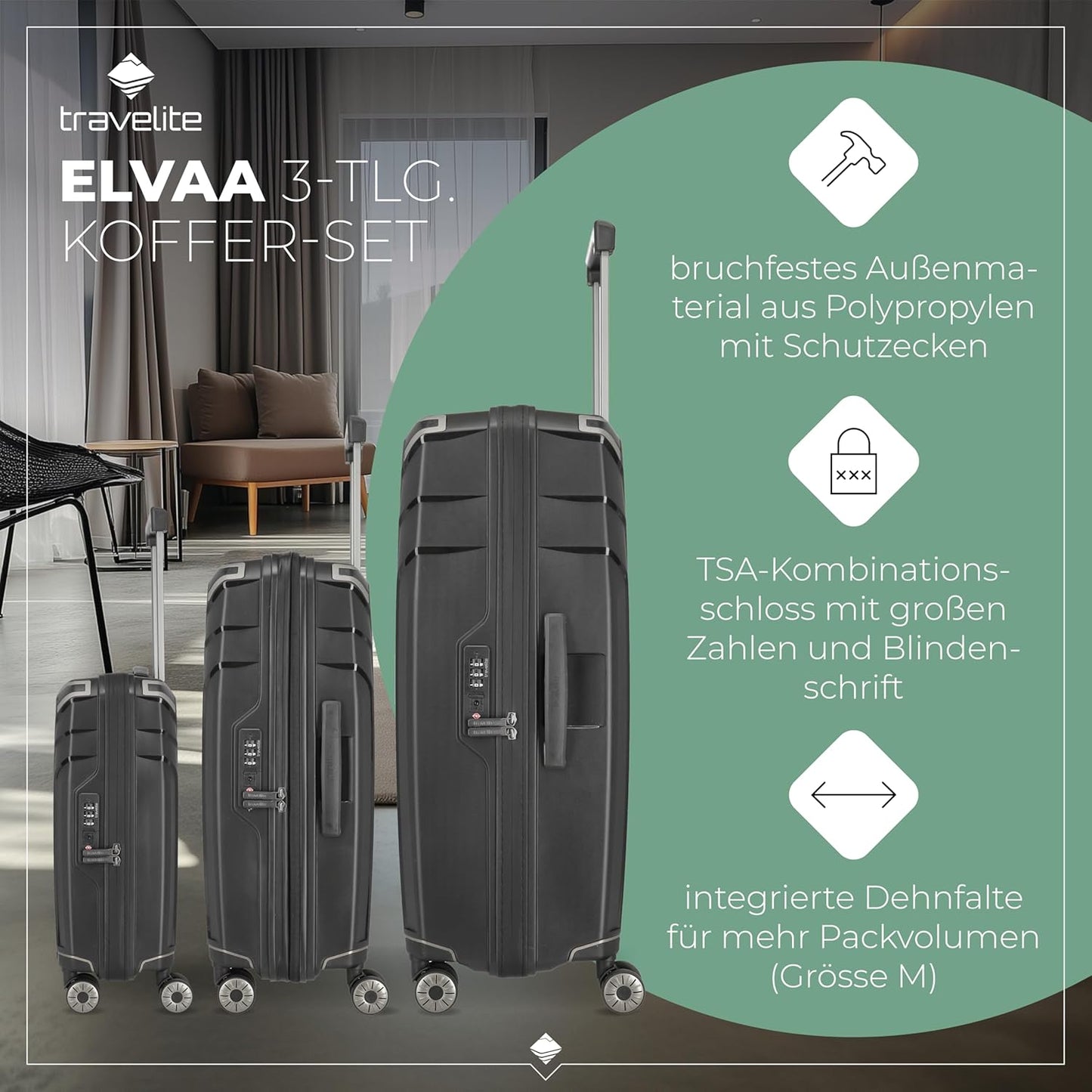 3-teiliges Hartschalenkoffer Set ELVAA mit TSA Schloss, Schwarz, Koffer Set (L/M/S)