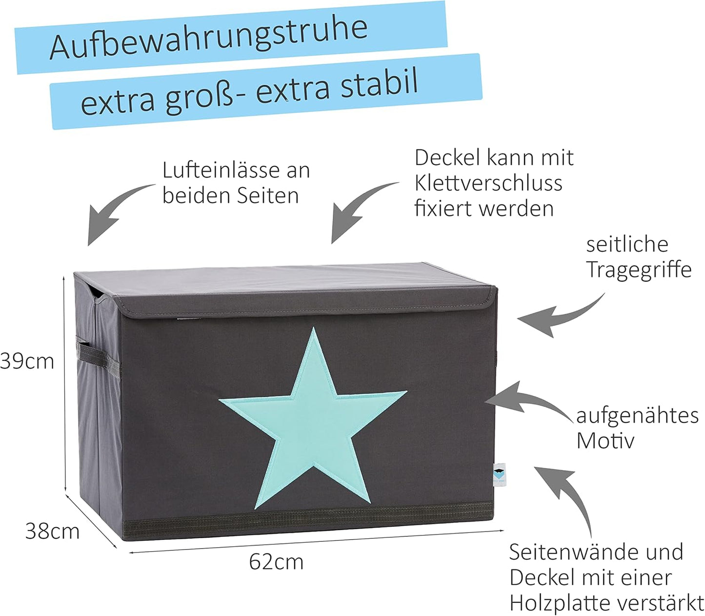 Grosse Aufbewahrungsbox mit Deckel, abwaschbar, Grau mit Grünem Stern