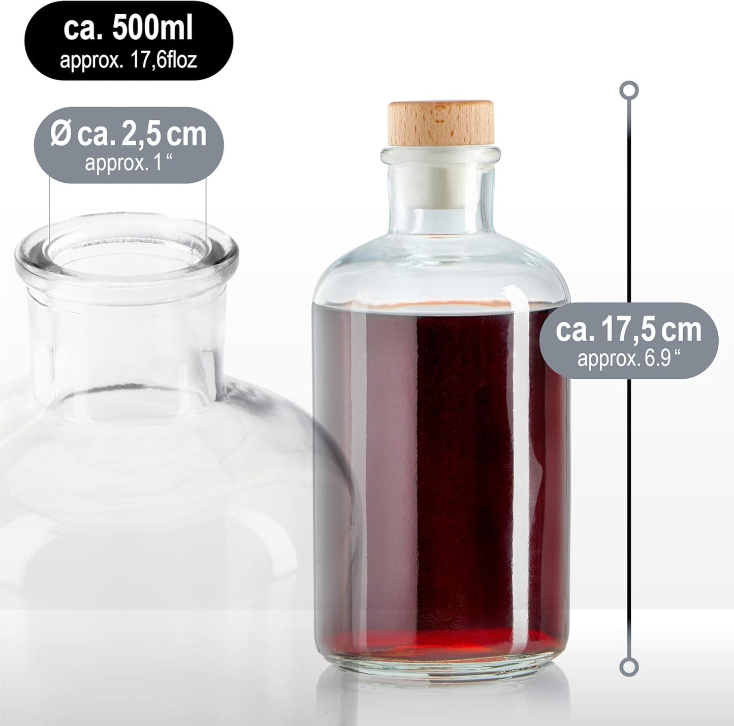 6 x Glasflaschen mit Korkenverschluss, Rund - 500ml