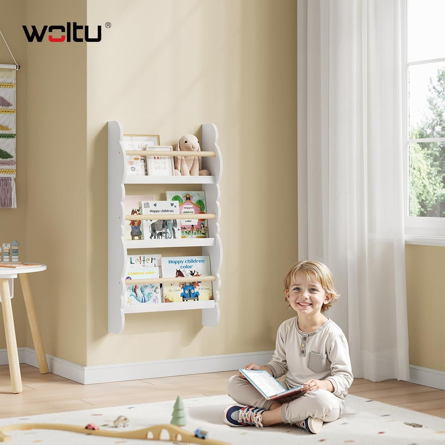Kinder Bücherregal Wand mit 3 Ablagen, Weiß 42.5x80cm