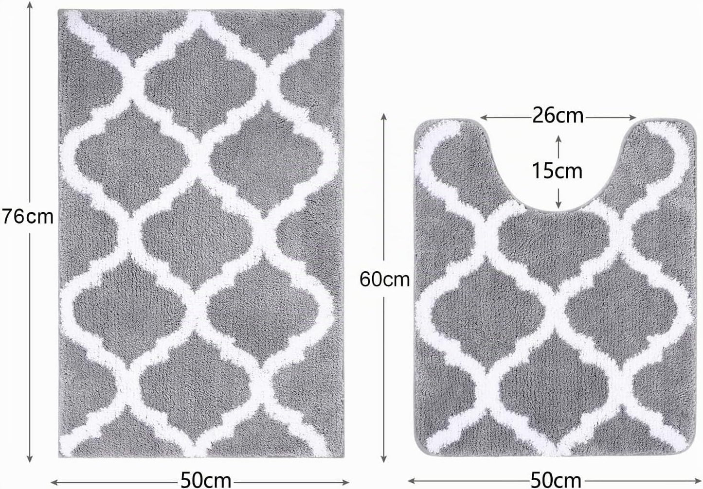 2-teiliges Badematten-Set, 50 x 60 cm (U-förmig) + 50 x 76 cm (Rechteckig) Grau
