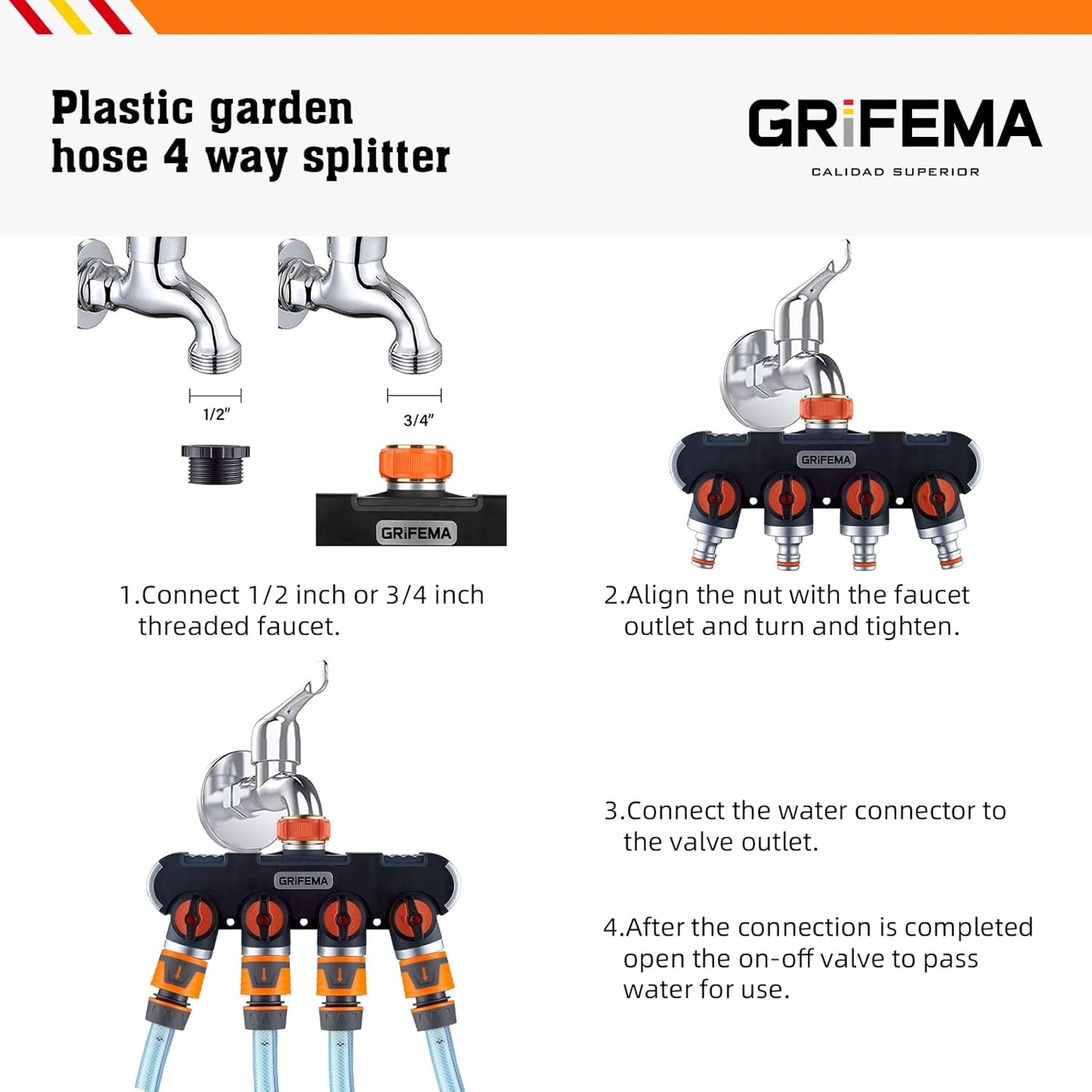 4-Wege-Wasserverteiler für Gartenschlauchsysteme, Distribuidor de 4 vías, 4-Wege-Verteiler