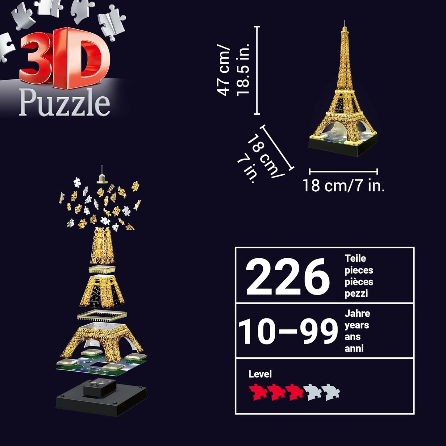 3D Puzzle Eiffelturm Night Edition mit LED, Alte Version Keine Batterien enthalten