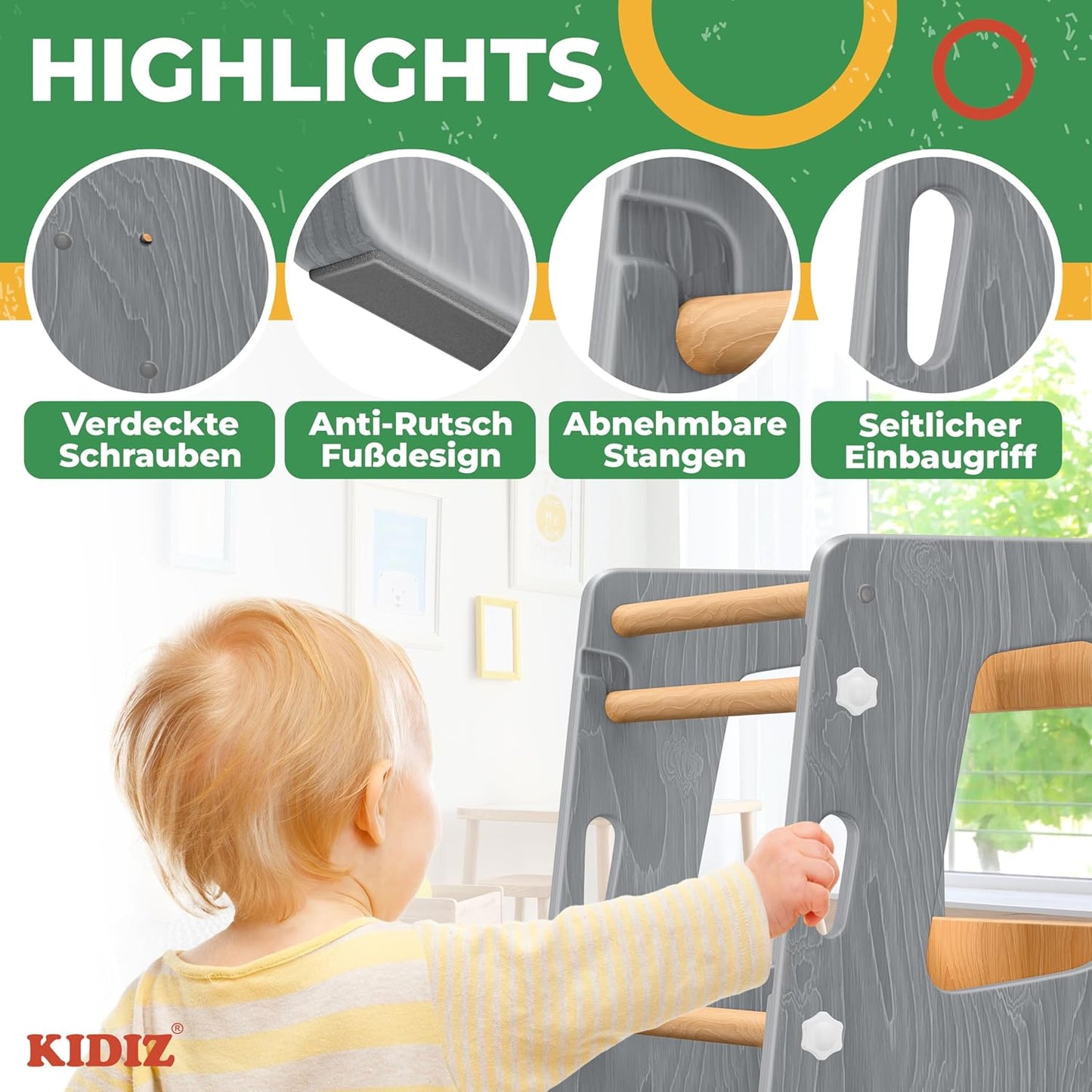 Lernturm für Kinder ab 1 Jahr, höhenverstellbar, Grau & Kiefer