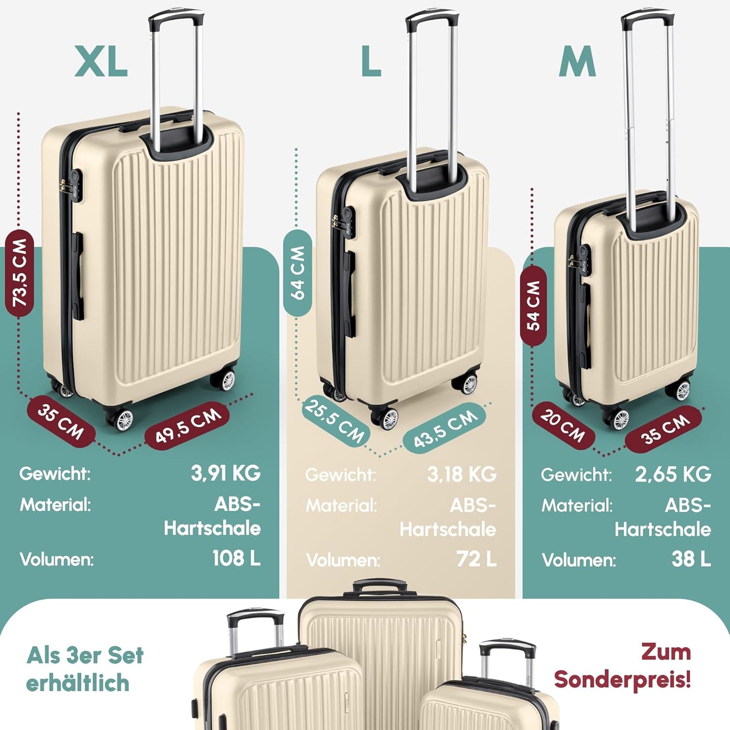 ABS Hartschalenkoffer, 65cm Creme White