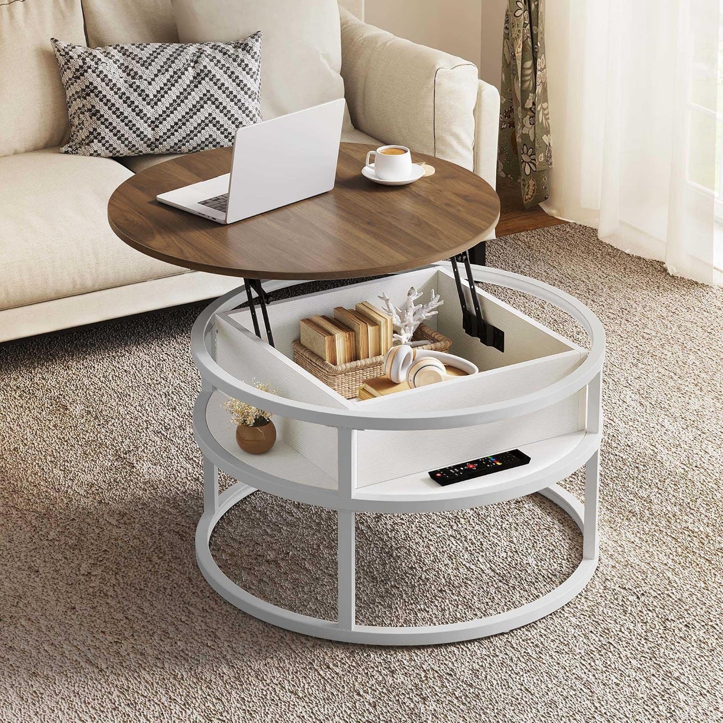 Couchtisch Rund mit Stauraum, Braun&weiss ; 80X80X47CM