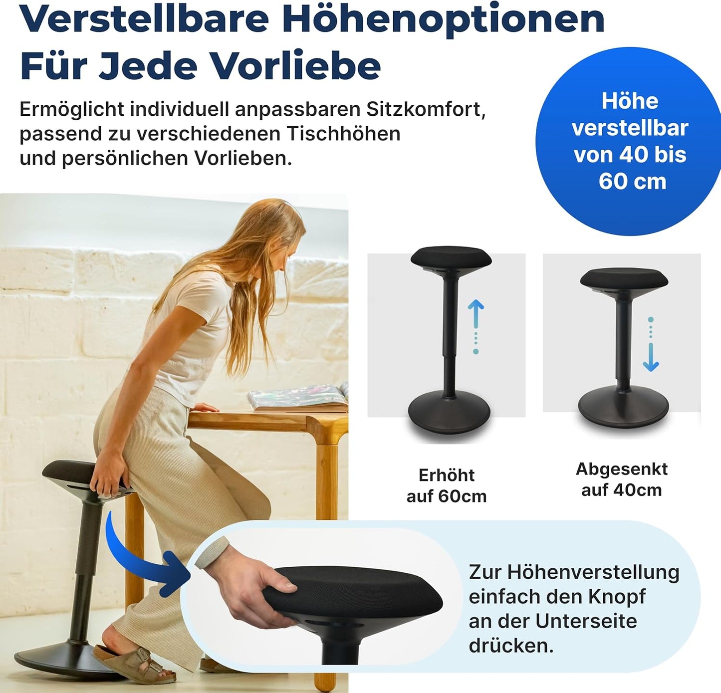 Ergonomischer Bürohocker mit Schwingeffekt, 40-60 cm Matte Black