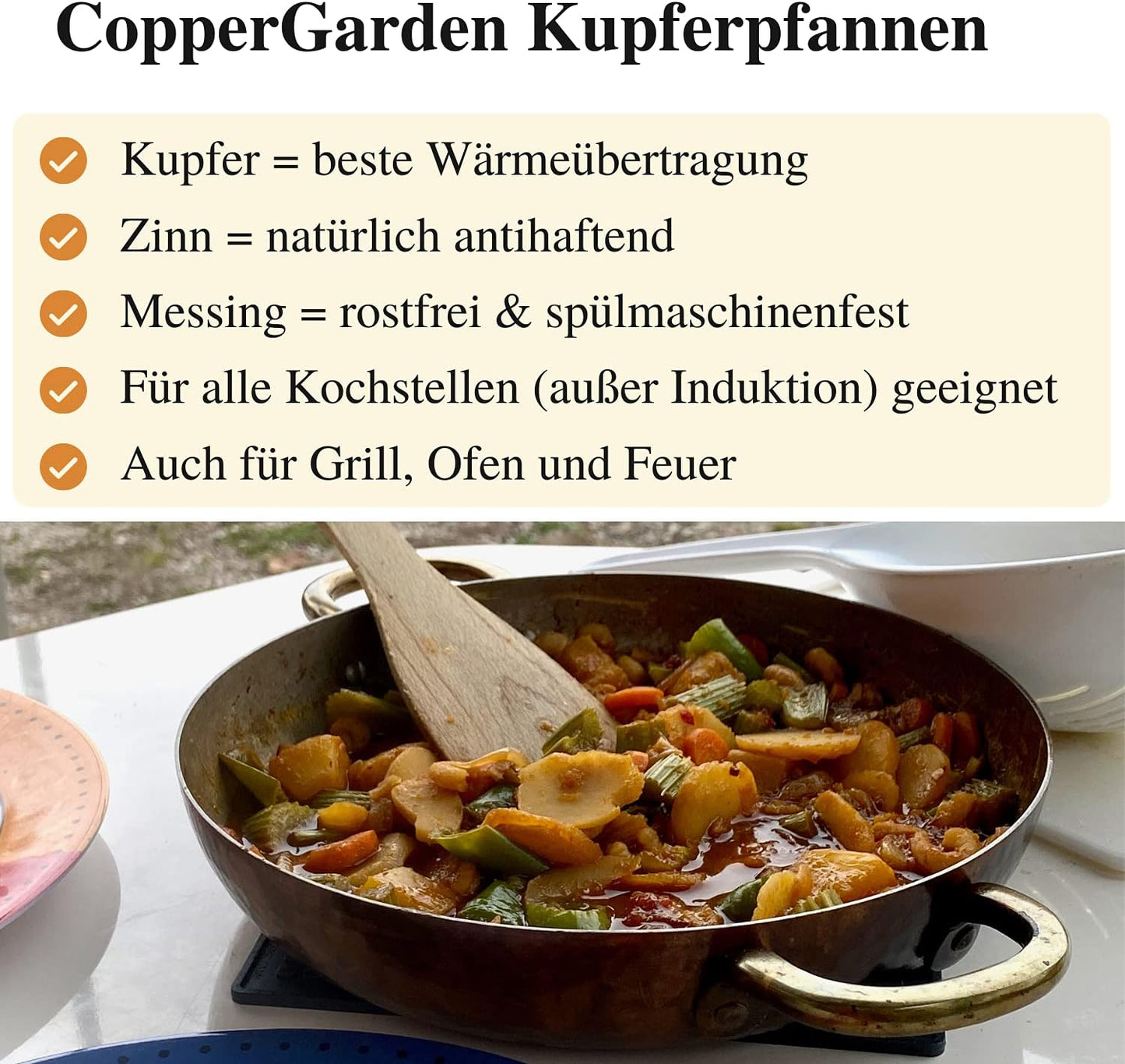 Kupferpfanne mit Deckel, 28 cm mit Griffen und Deckel