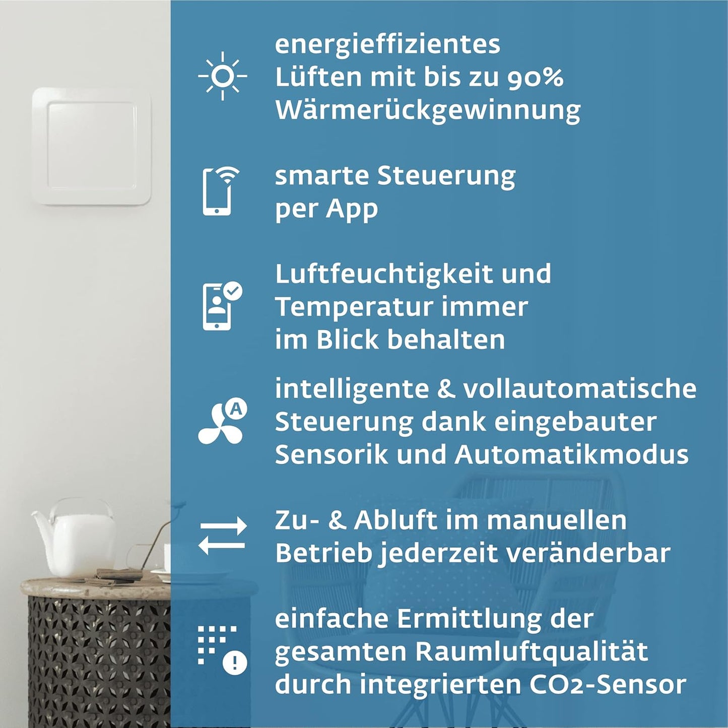 Lüftungssystem mit Wärmerückgewinnung & App-Steuerung, Verschluss elektrisch + CO2 Regelung