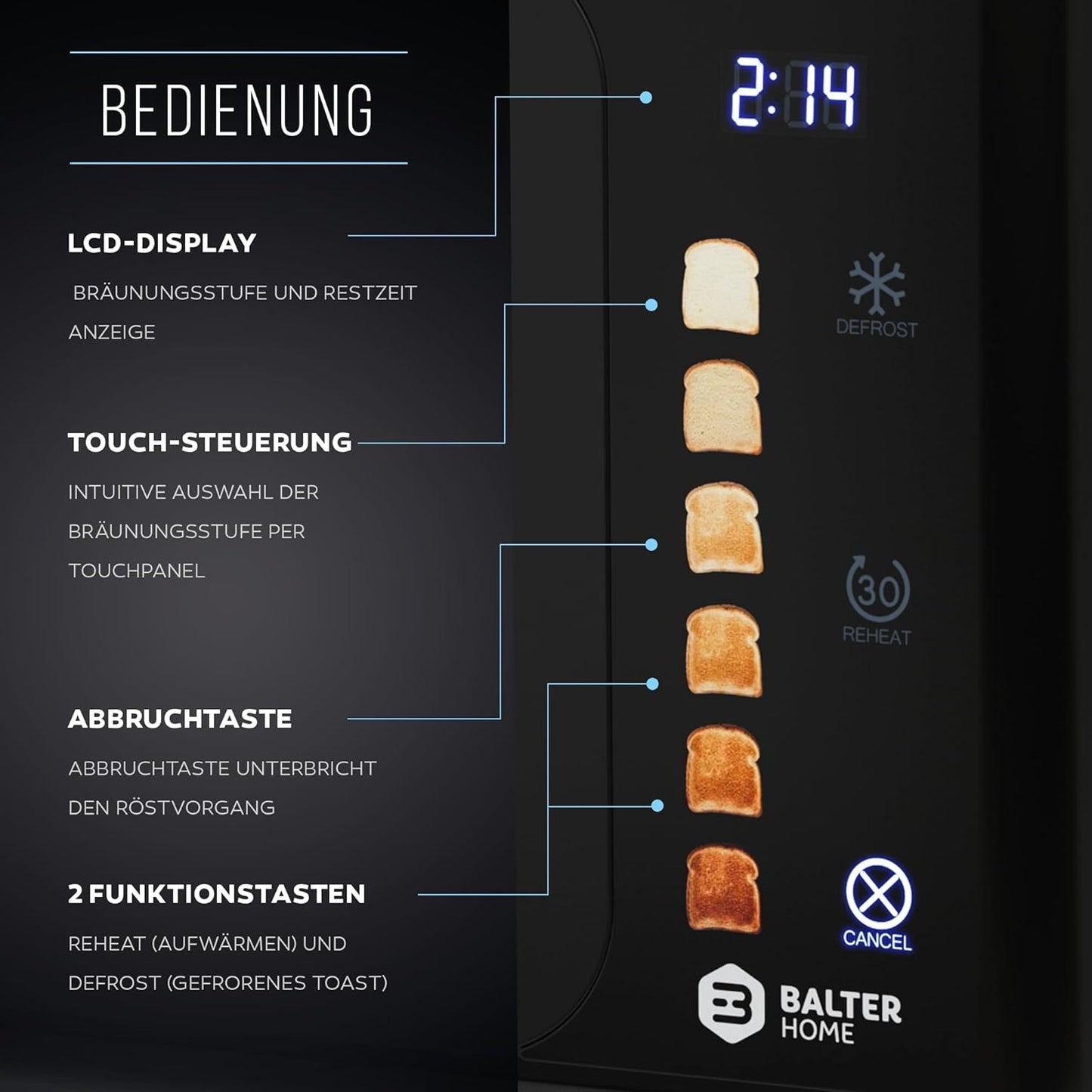 Langschlitztoaster TS-44 mit Touch-Bedienung und LCD Display, Schwarz Touch S