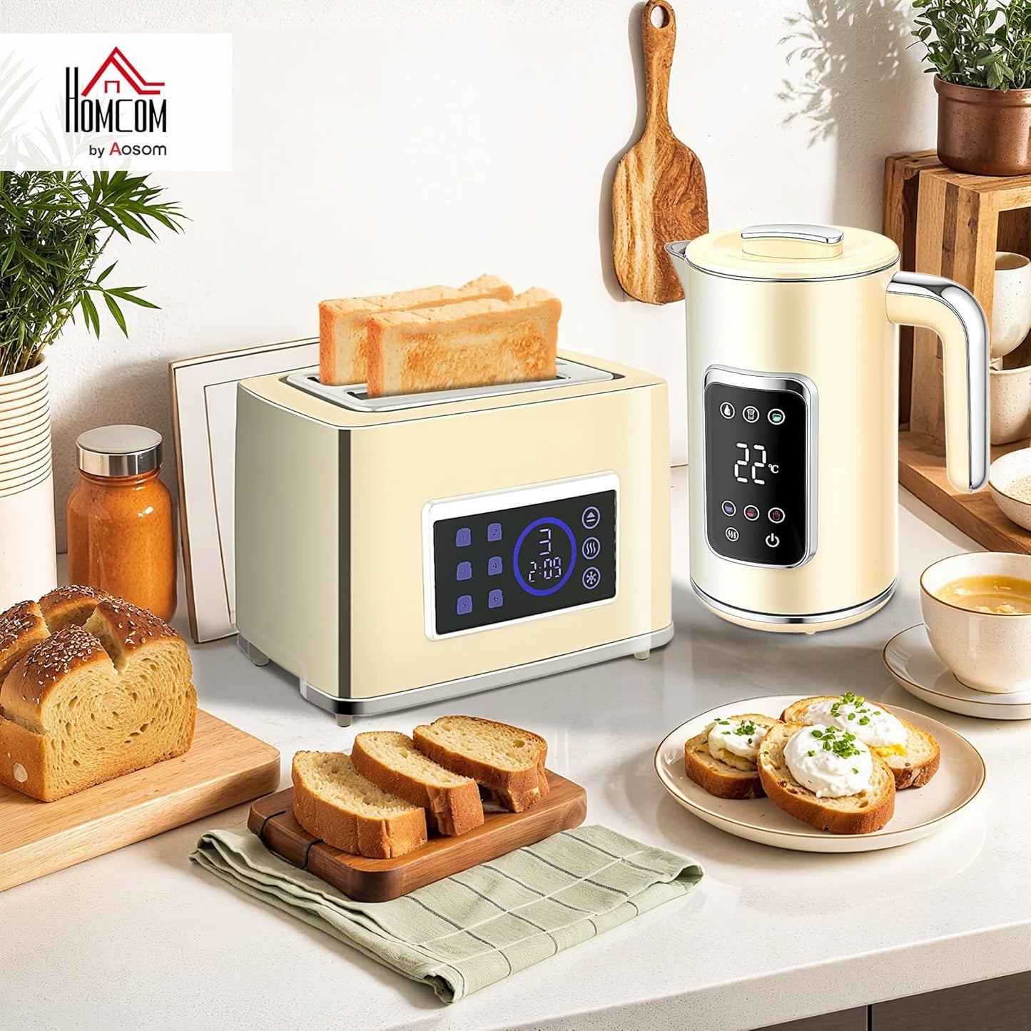 Wasserkocher-Toaster Frühstücksset mit LED-Touchscreen, Cremeweiß