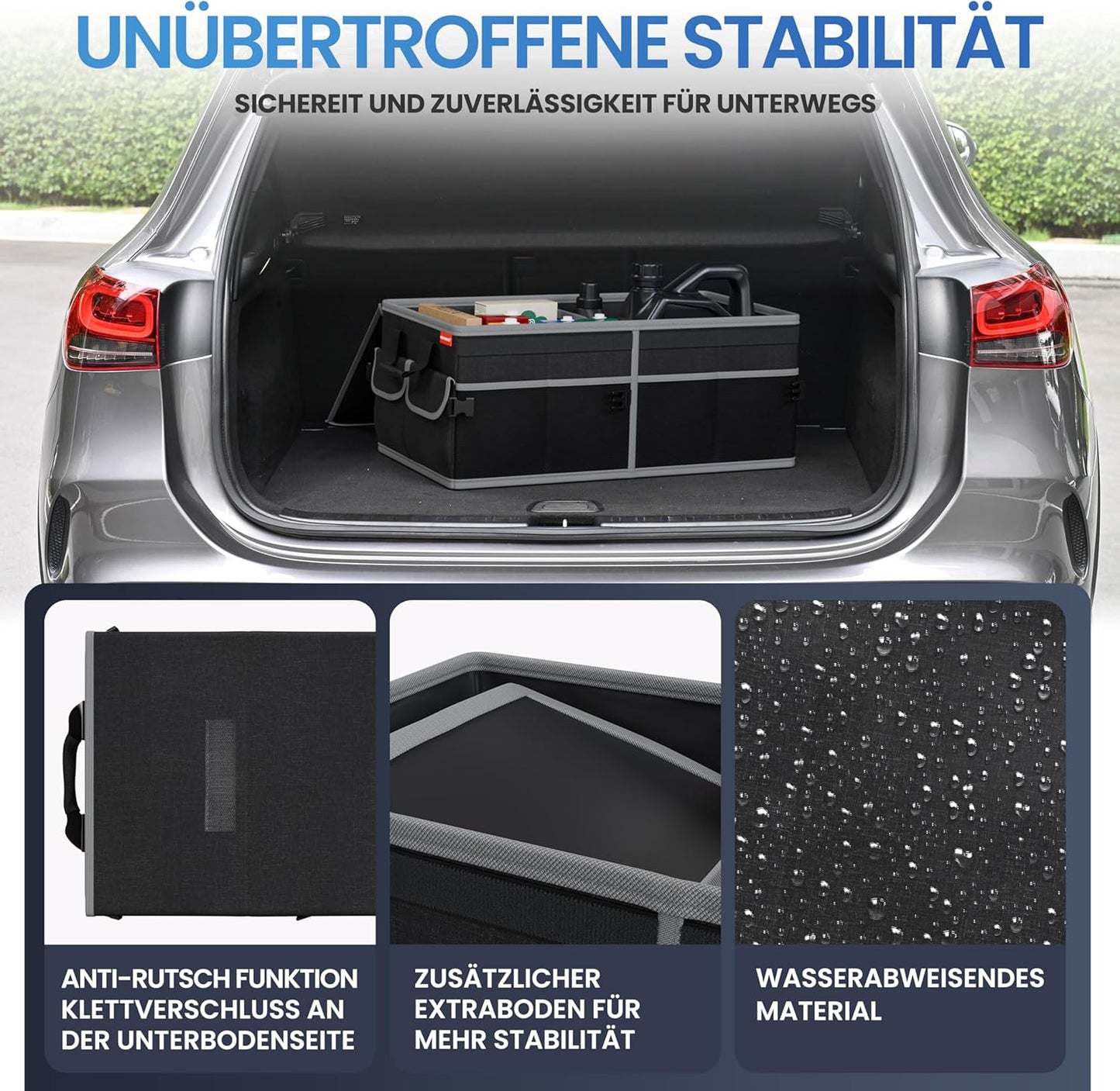 Faltbarer Kofferraum-Organizer mit Deckel, Schwarz mit Grauem Saum
