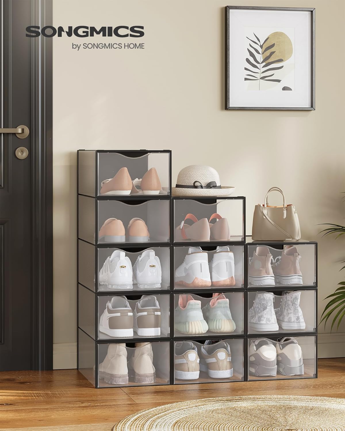 12x stapelbare Schuhboxen, Transparent + Tintenschwarz 12