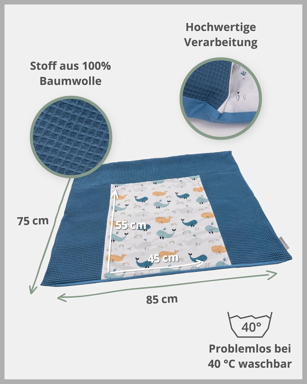 Wickelauflagenbezug, 75 x 85 cm, Blau Wale Wickelauflage NUR BEZUG