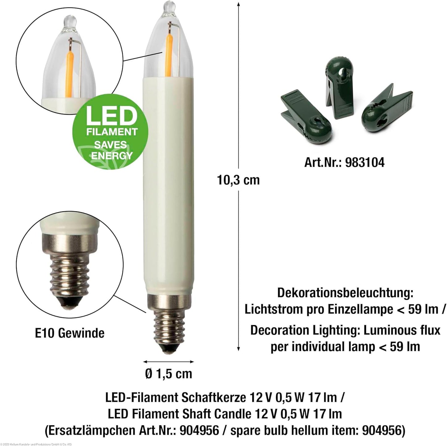 LED Weihnachtslichterkette mit Clips, 20 LED-Filament / 13,3m beleuchtet / Ohne Flackereffekt