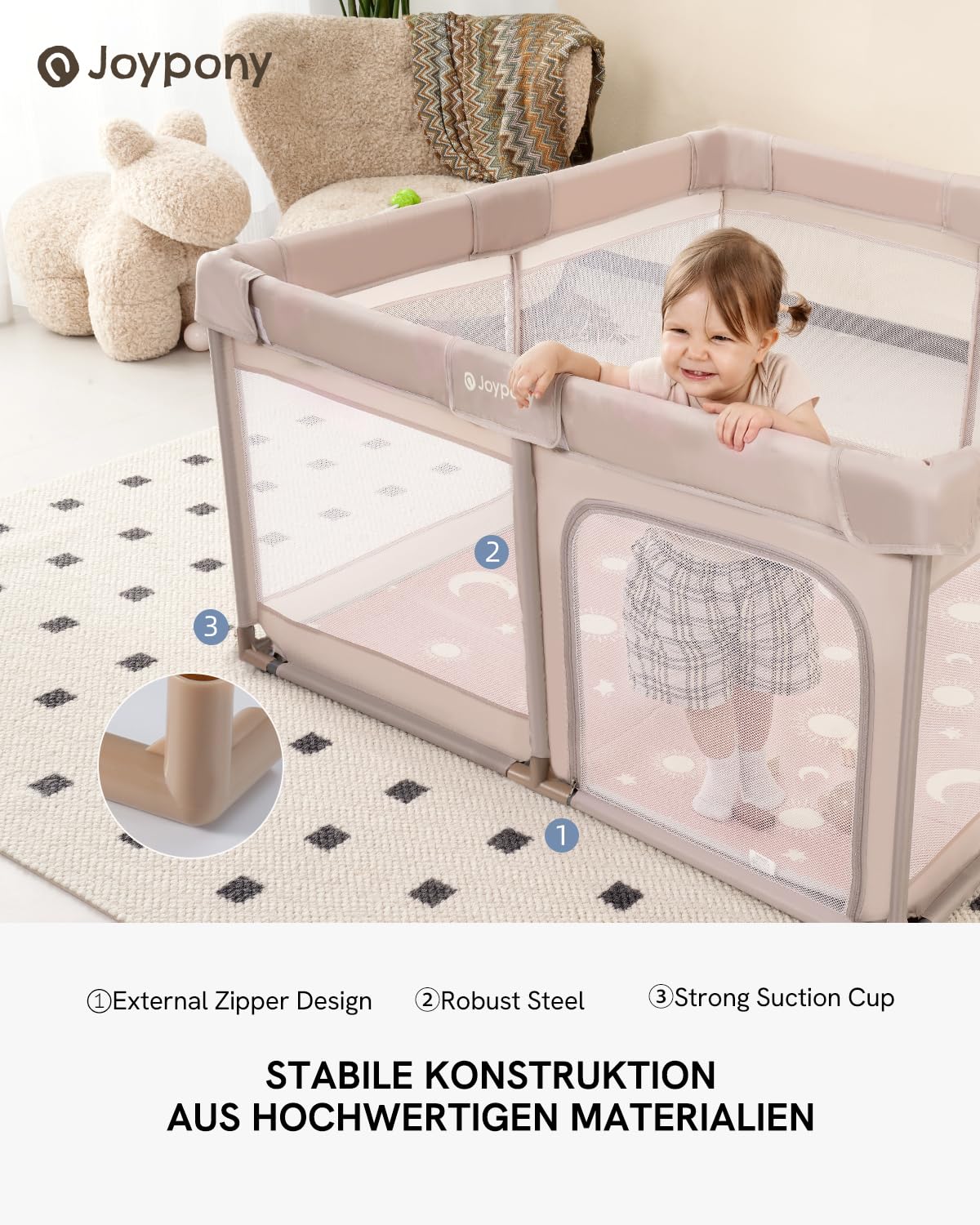 Baby Laufstall mit Matte, Beige wth Matte 127×127 CM
