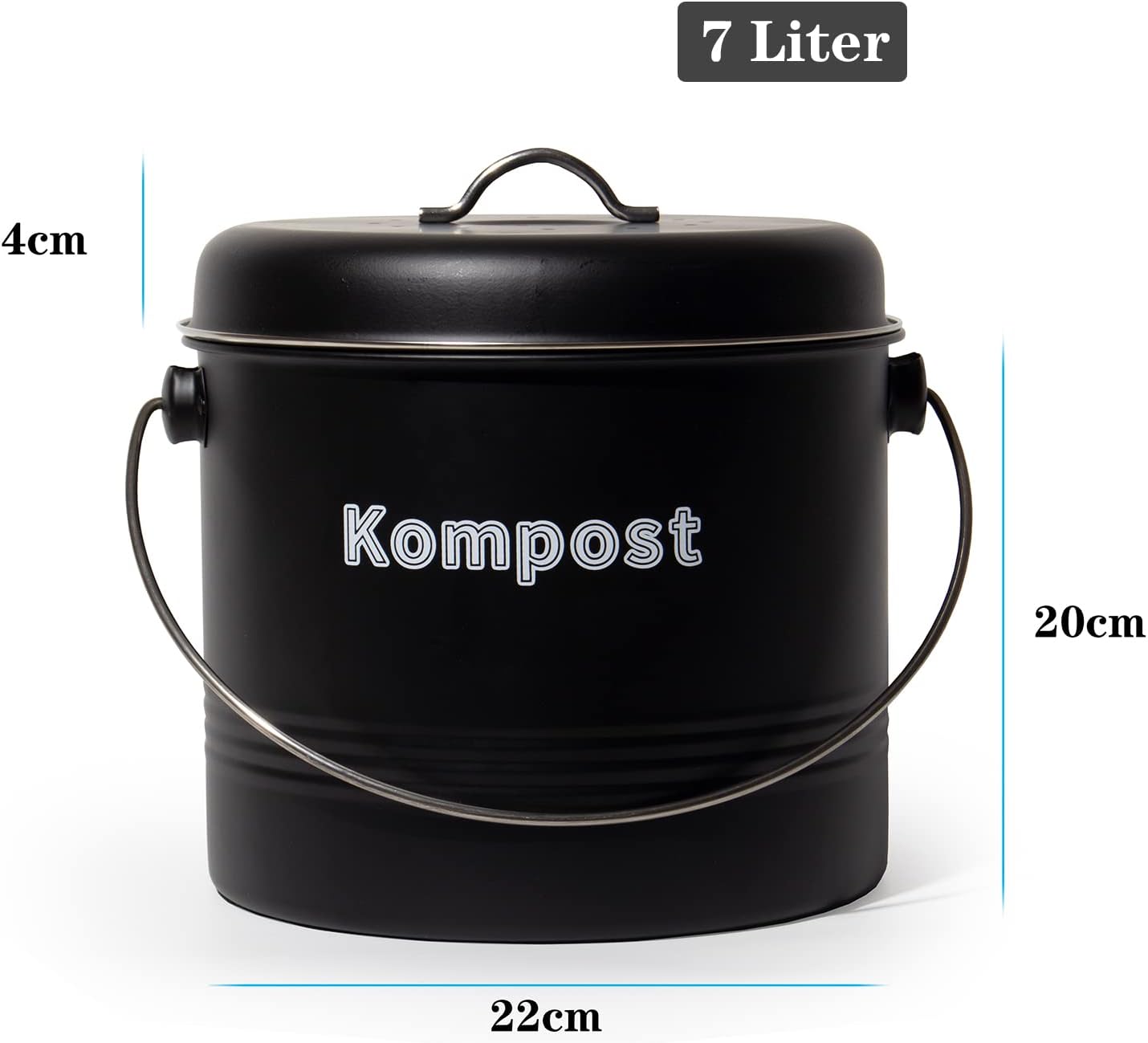 Biomülleimer mit Aktivkohlefilter, 7 Liter, Mattschwarz