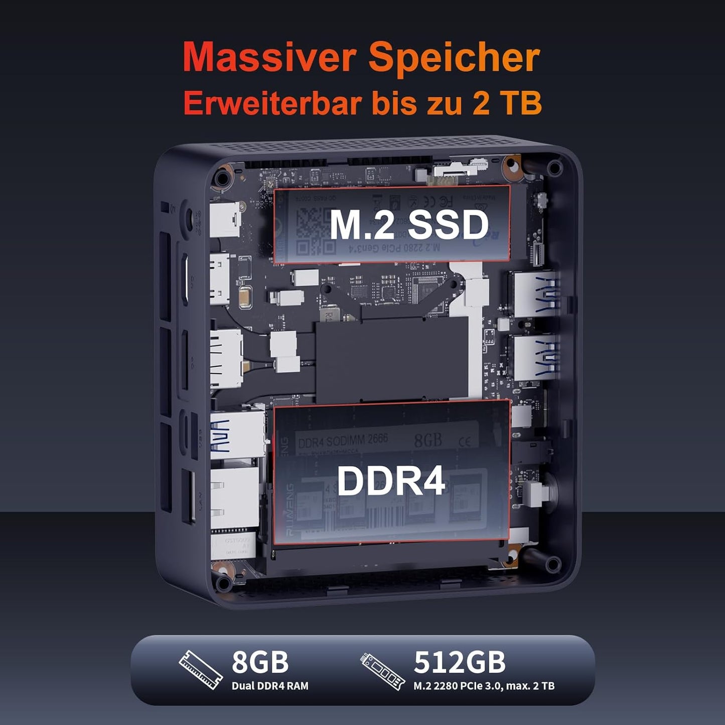 Mini PC AK12 mit AMD Ryzen R2514, 4K, WiFi 5, 8+512GB
