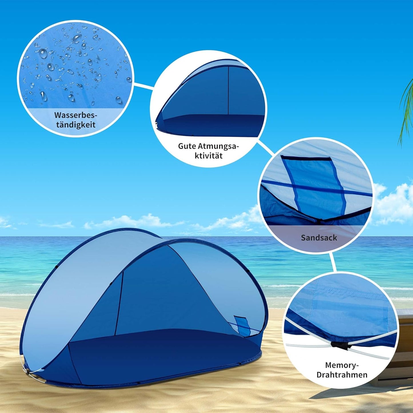 Strandmuschel Pop-Up Zelt mit UV Schutz, Dunkelblau