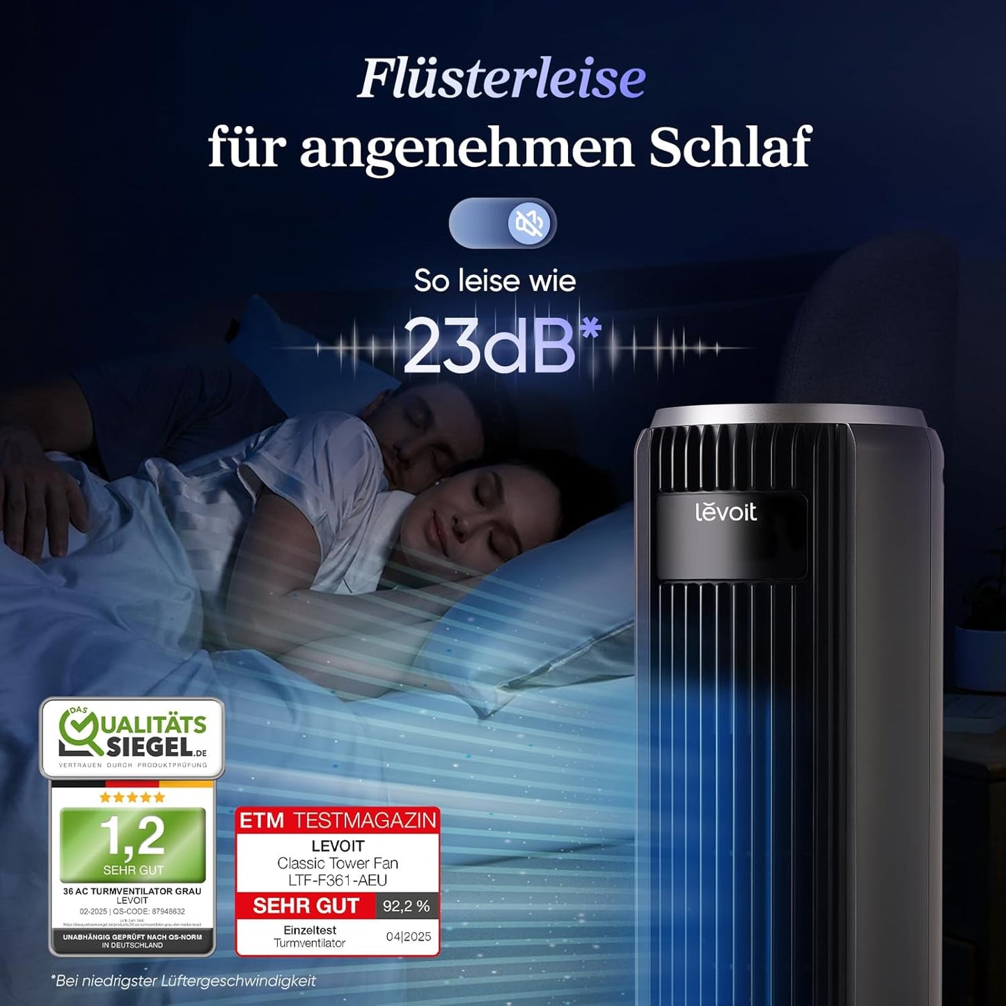 Leiser Turmventilator mit Fernbedienung und Timer, Intelligentes Schlafmodus Mattgrau
