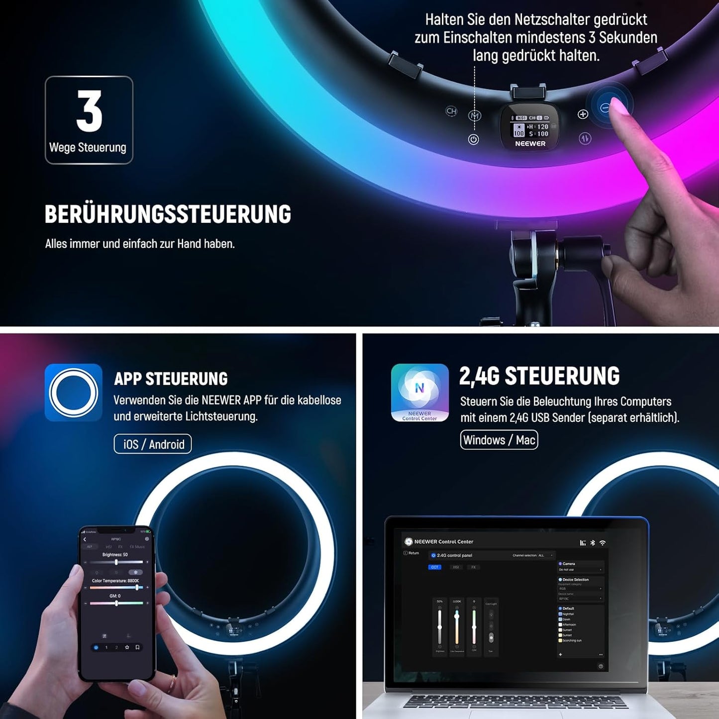 RGB Ringlicht mit Ständer und App-Steuerung, RGB Ringlicht