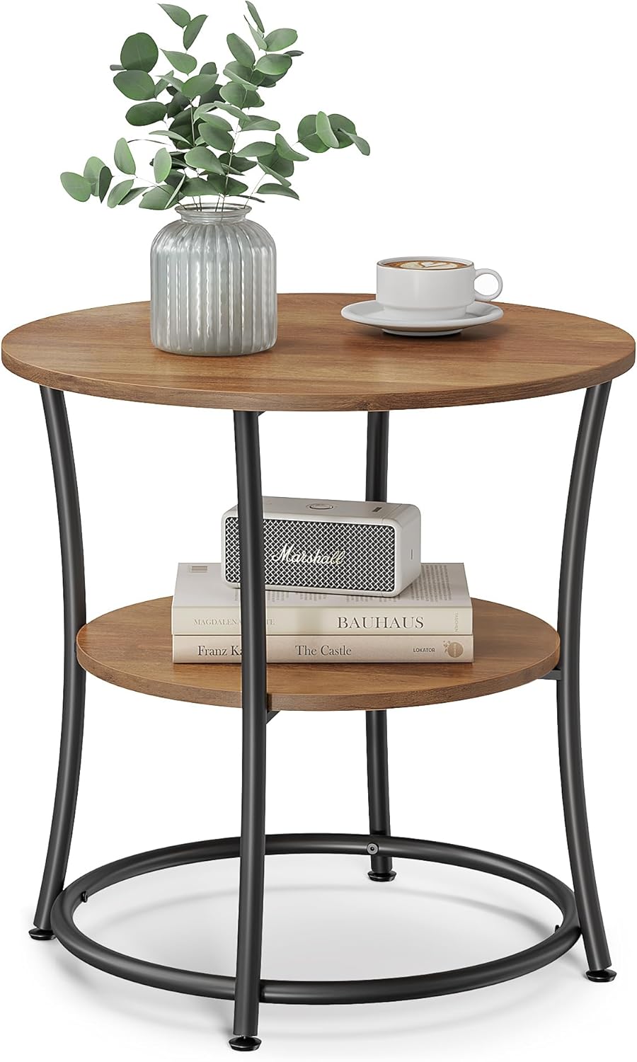 Runder Couchtisch im Industrie-Design und 2 Ablagen, Walnussbraun + Schwarz