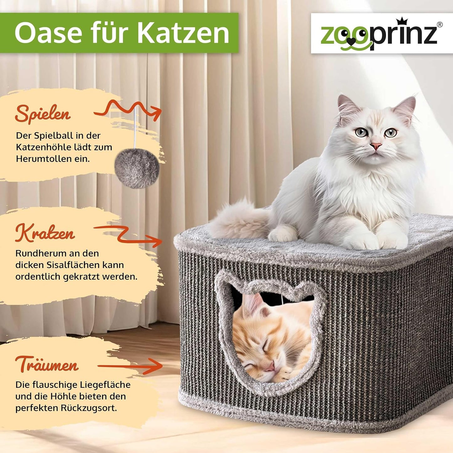 Katzenhaus mit Sisalwänden und Plüschhöhle, Grau