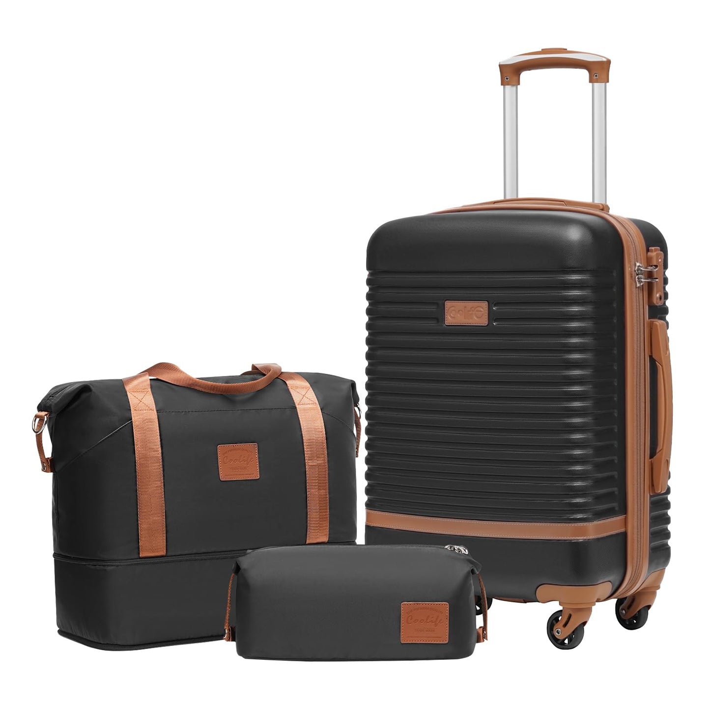Kofferset 3-teilig mit Handgepäck & Reisetasche, Schwarz/Braun Handgepäck-Set 3tlg