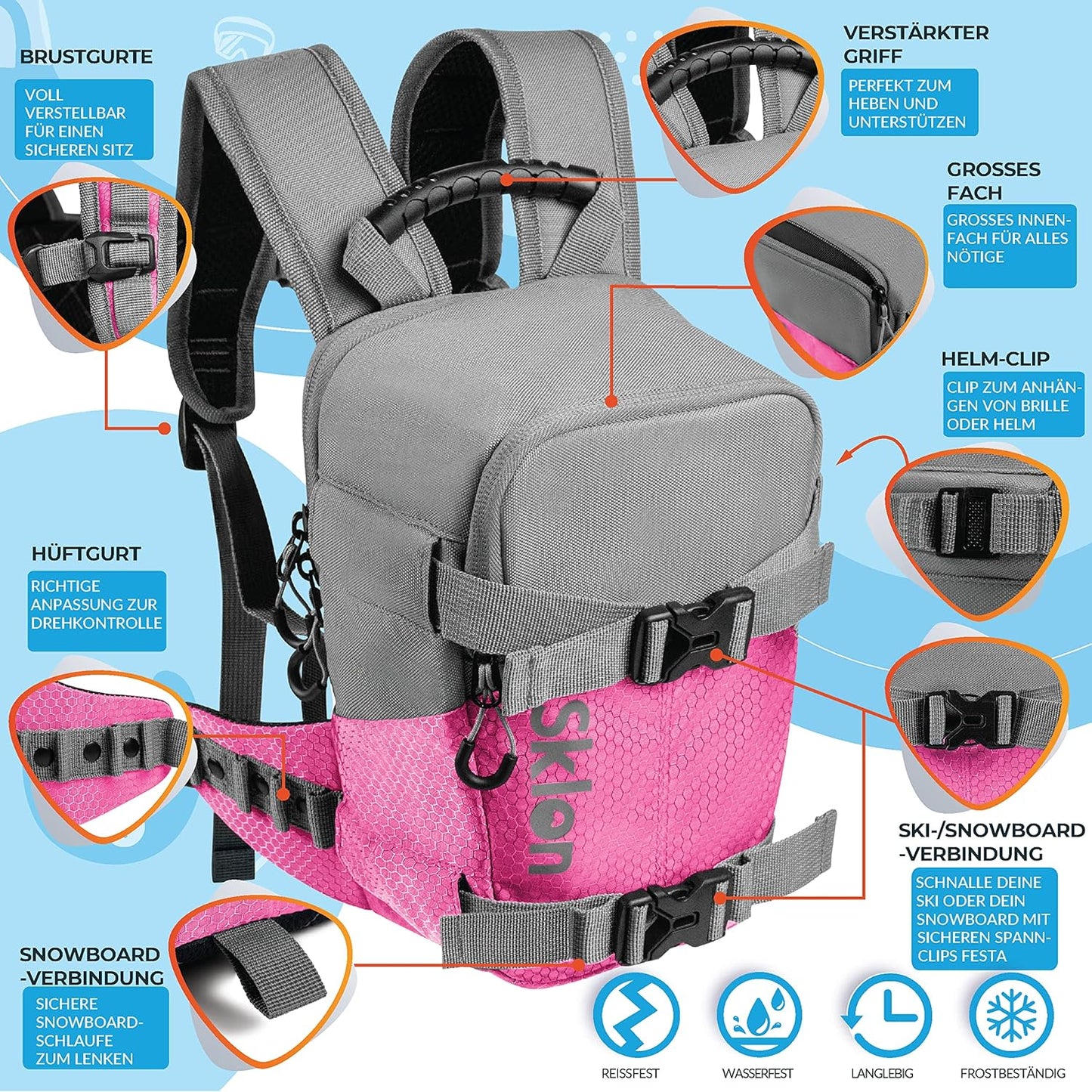 Kinderrucksack mit Sicherheitsleine für das Ski- und Snowboardtraining, Rosa