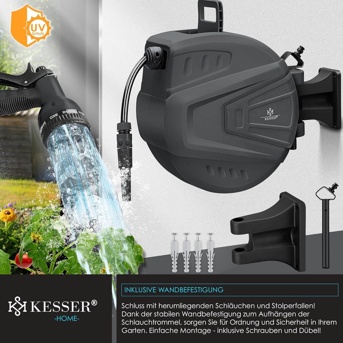 Schlauchaufroller mit Gartenschlauch, Anthrazit 20 m