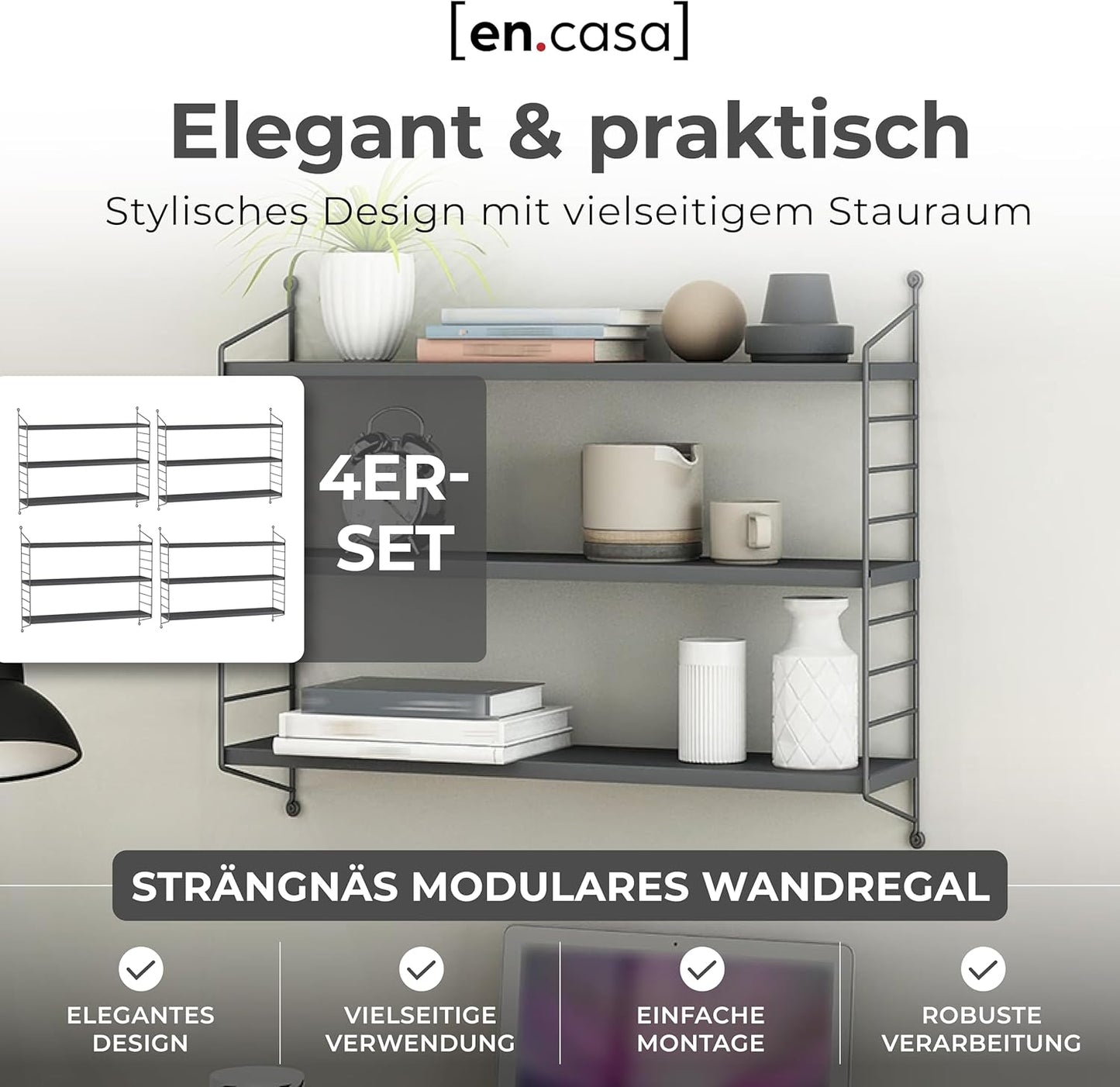 4er-Set Modulares Wandregal mit 3 Böden, Dunkelgrau 4