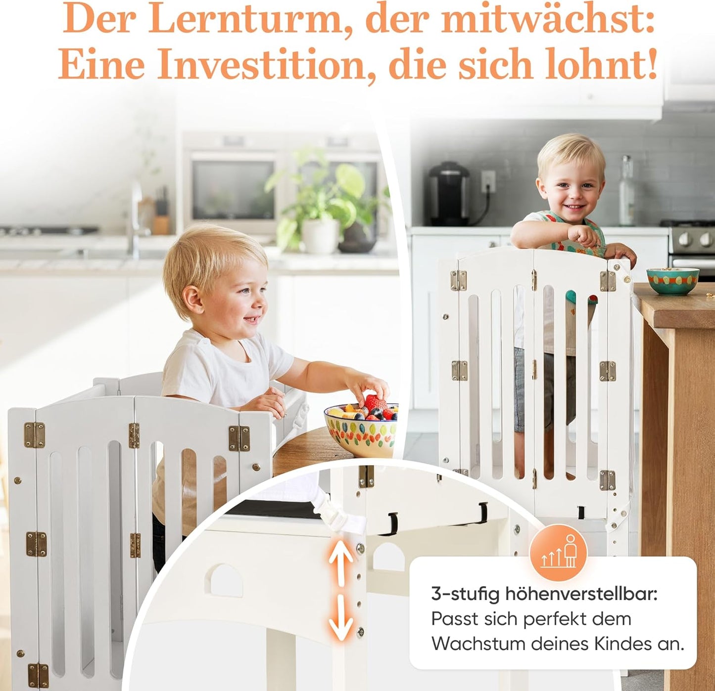 Faltbarer Lernturm ab 1 Jahr, höhenverstellbar, Weiss